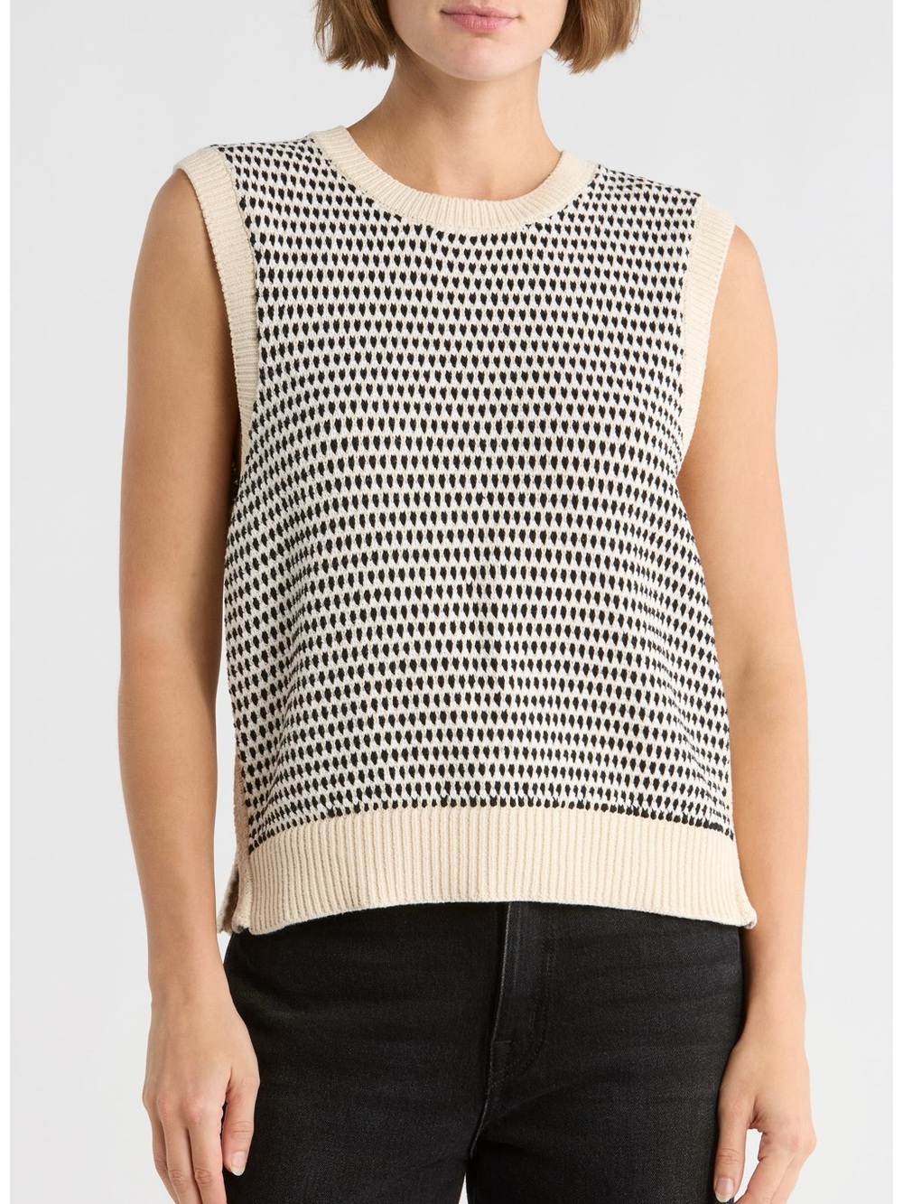 Varley Cream and Black Open-Knit Sleeveless Sweater Vest